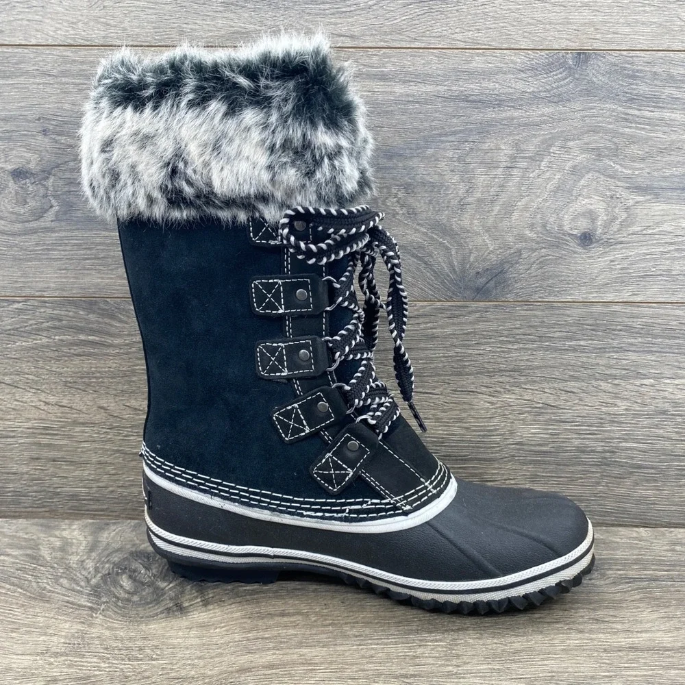 Eddie Bauer WeatherEdge Snow Boots Womens 7 Black Faux Fur Waterproof Suede